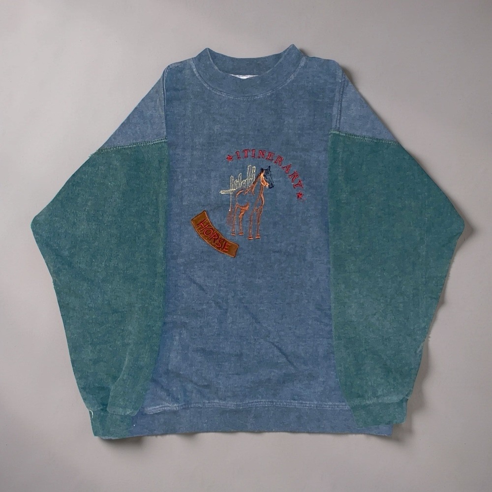 Vintage Itinerary Horse Mens M Colorblock Crewneck Sweatshirt Blue Green Red